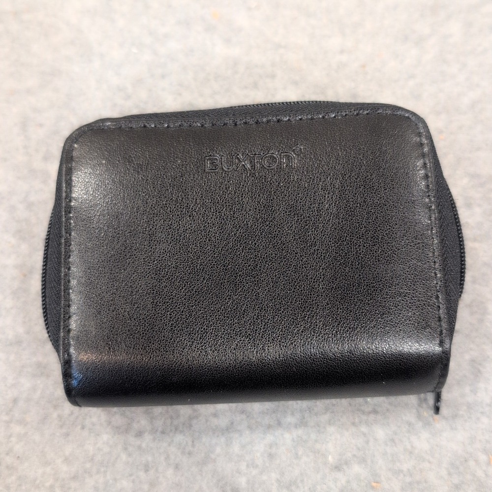 Buxton Double Zip Genuine Leather Accordion Card Wallet Black ID Window Pocket - Picture 2 of 6